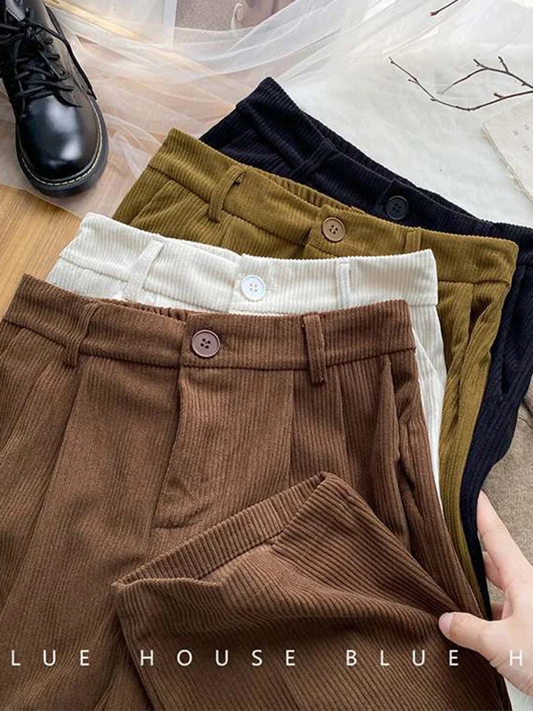 Vintage High Waist Corduroy Pant Spring Fall Straight Causal Full Length Trousers Korean Fashion All Match Black Pants 250113