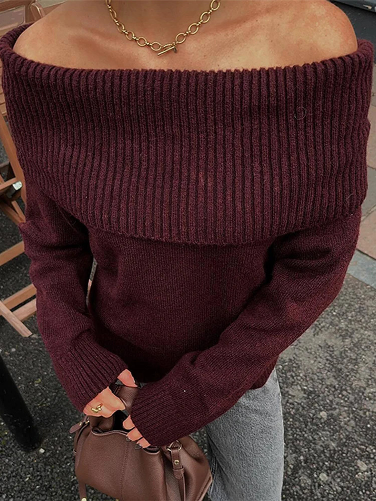 Fashion Off Shoulder Knitted Sweater For Women 2025 Spring Elegant Long Sleeve Pullover Female Street Knitwear Chic Tops 250107