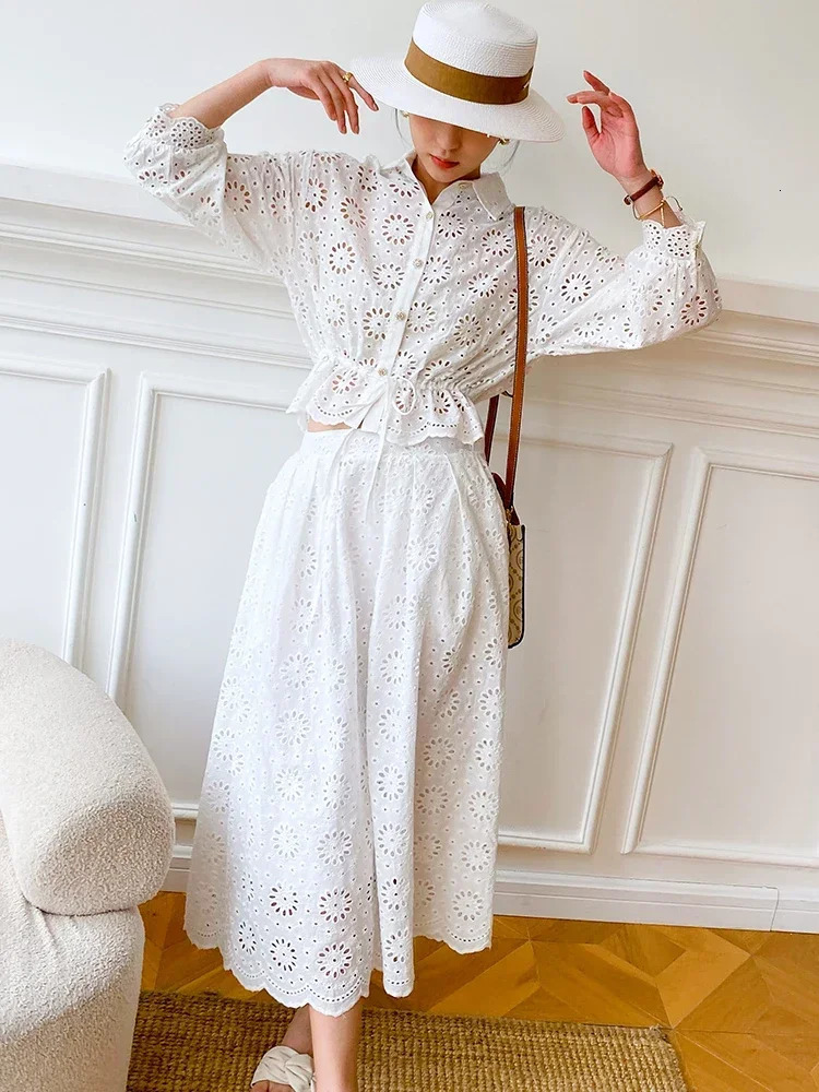 GypsyLady White Elegant Chic Dress Set Cotton Bohemian Shirt Long Skrit Summer Womens Holiday Chic 2-piece Set 250110