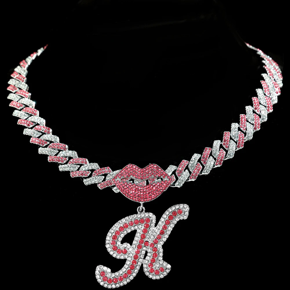 Fashion Pink Cuban Chain Miniature Water Diamond Shop Mouth Curved Letter Pendant Necklace 14mm Prong Cuban Necklace Jewelry Gift 250109
