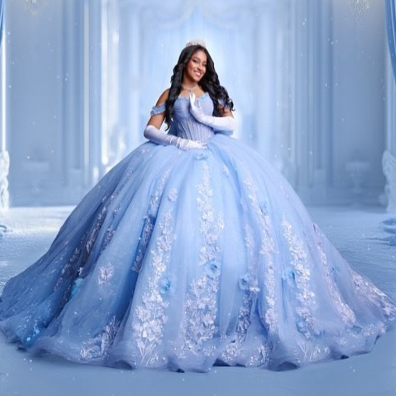 Sky Blue Shiny Quinceanera Dresses Ball Gown Off The Shoulder Applique Flower Beading Tull Party Birthday Sweet 16 Vestidos De 15 Anos