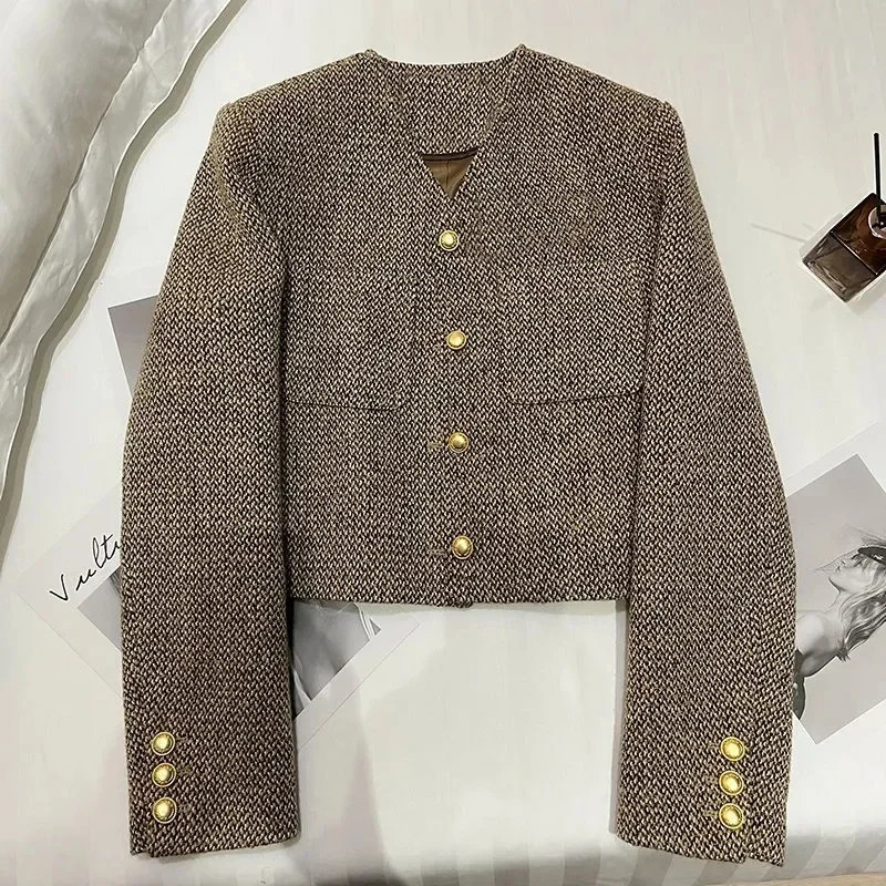 Tweed Coat Autumn Winter Korean Simple jacket O Neck Retro Single Breasted Suit Khaki Outwear Top I185 250109
