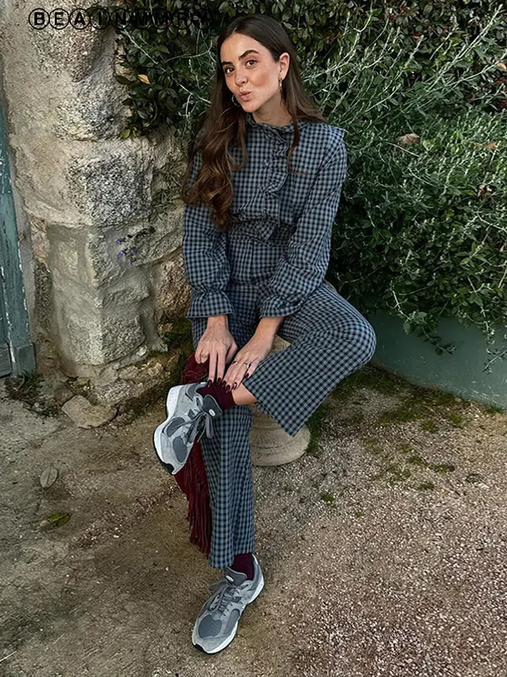 Vintage Plaid Ruffle Hem Button Jumpsuits Females Bevel Buckle Stand Neck Full Sleeve Top Suits Fashion Commute Wears 250107