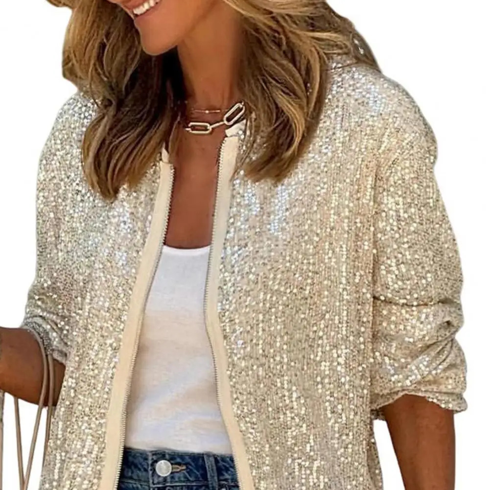 Shining Sequin Nightclub Women Coat O-neck Long Sleeve Zipper Placket Casual Jacket Loose Fit Solid Color Coat Outwear 250113