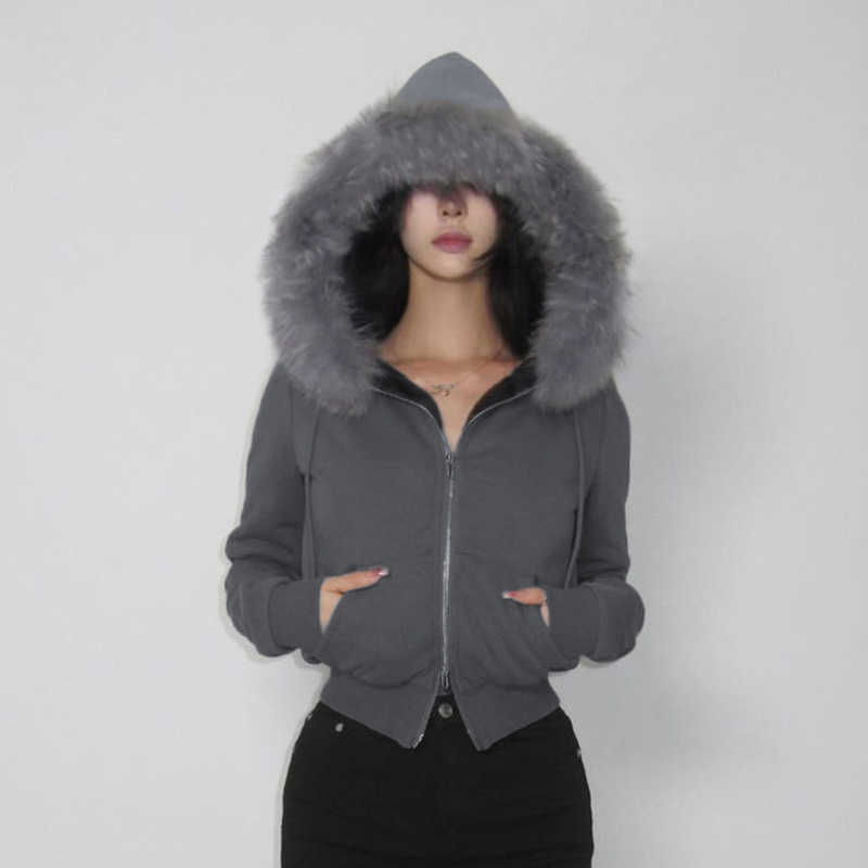 Autumn Winter Womens Fur Patchwork Fashionable Hooded Warm Solid Color Zipper Short Cardigan Jacket Women Jackets Coat Woman Fur 241209
