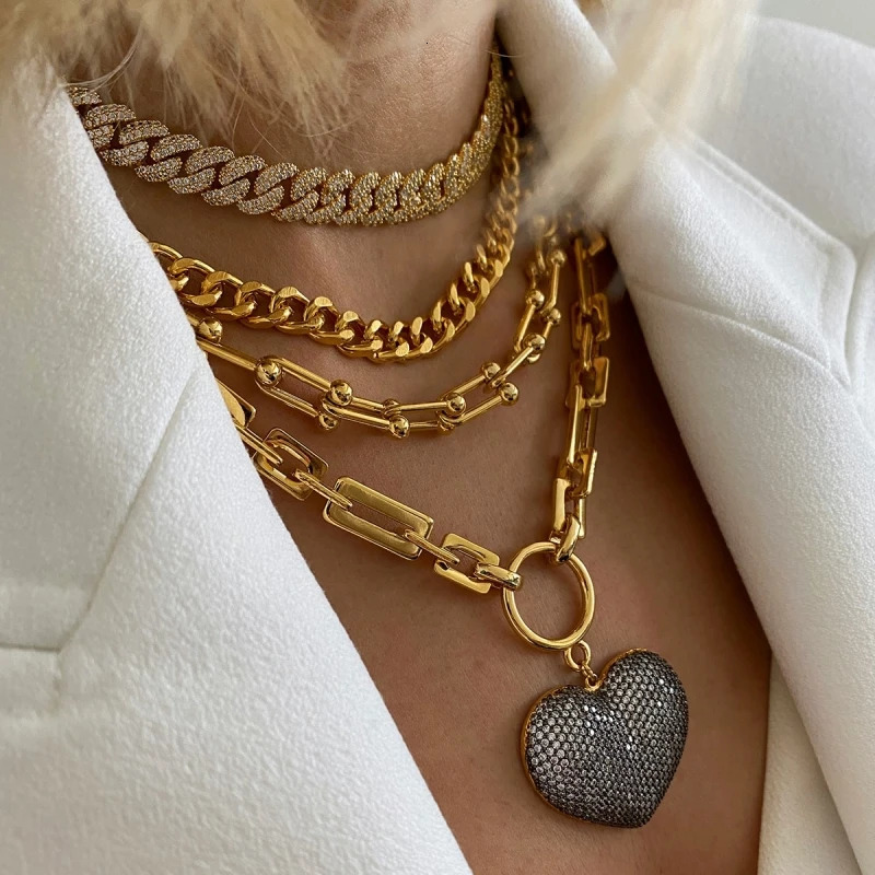 Gift Necklace Heavy Minimalist Chain Punk Short and Fat Jewelry Accessories Charm Black Crystal Heart Pendant Necklace for Men 250109