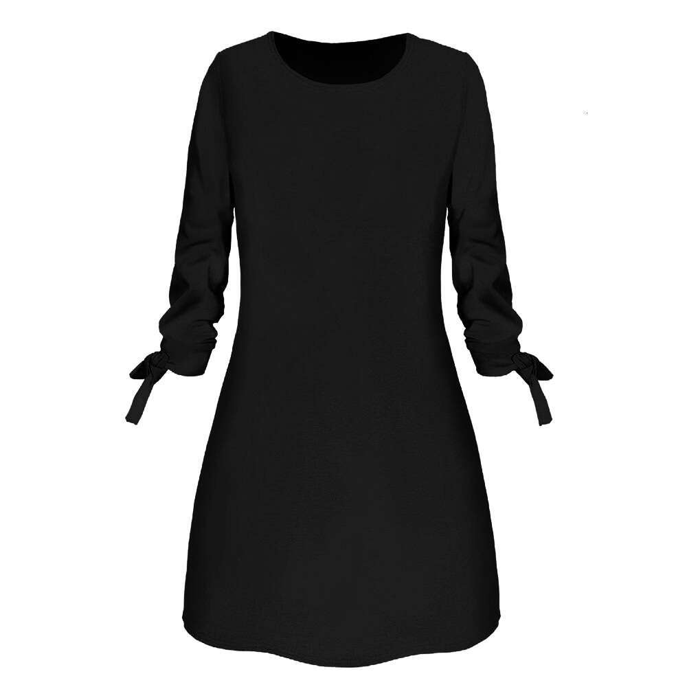 Spring, summer, autumn, European American solid color casual o-neck dresses, lace up, 2025 new style, chic and elegant clothing