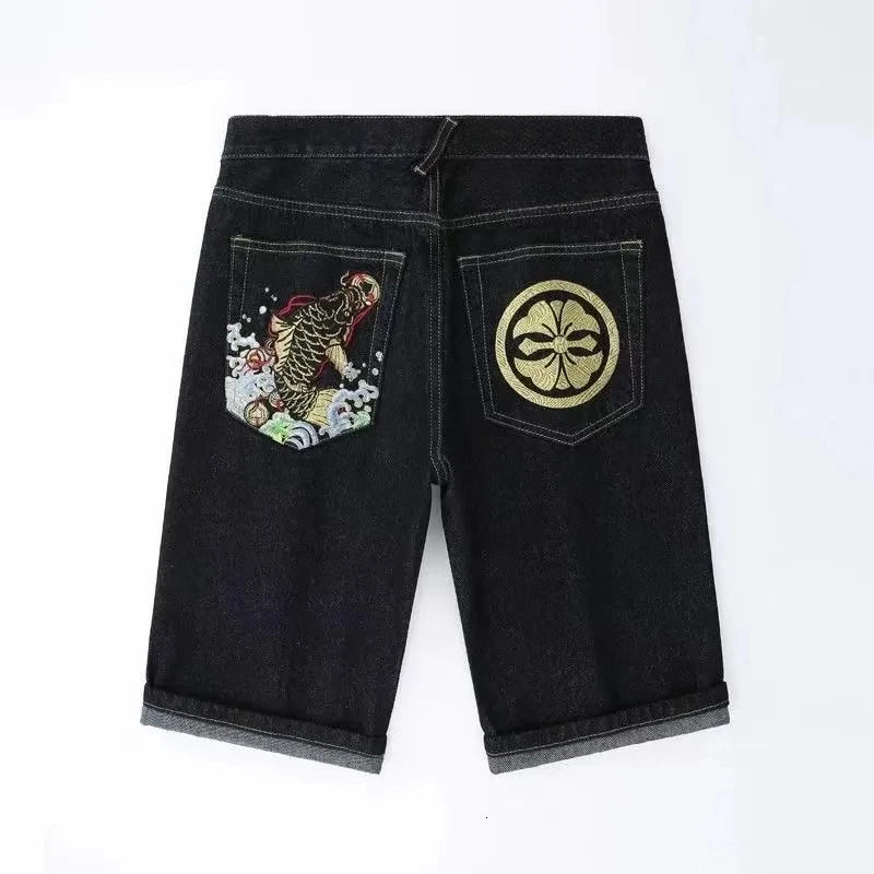 2024 Fukushen Shorts HipHop American High Street Retro Harajuku Style Fashion Loose Printed Denim Straight FiveLeg Pants 250118