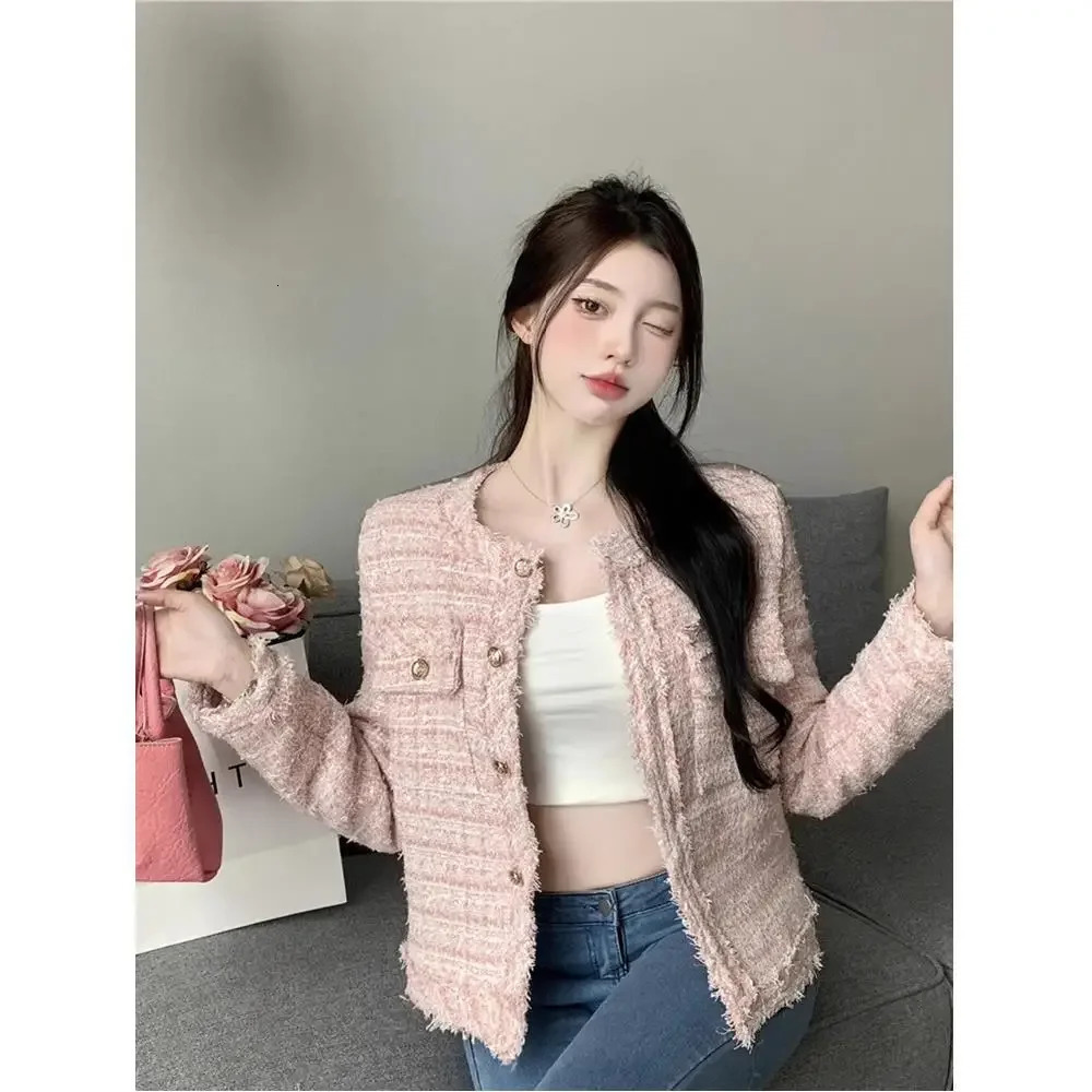 Elegant Slimming Top French Style Socialite Tweed Cropped Jacket Womens Spring Sensibility Long Sleeve Cardigan 250109