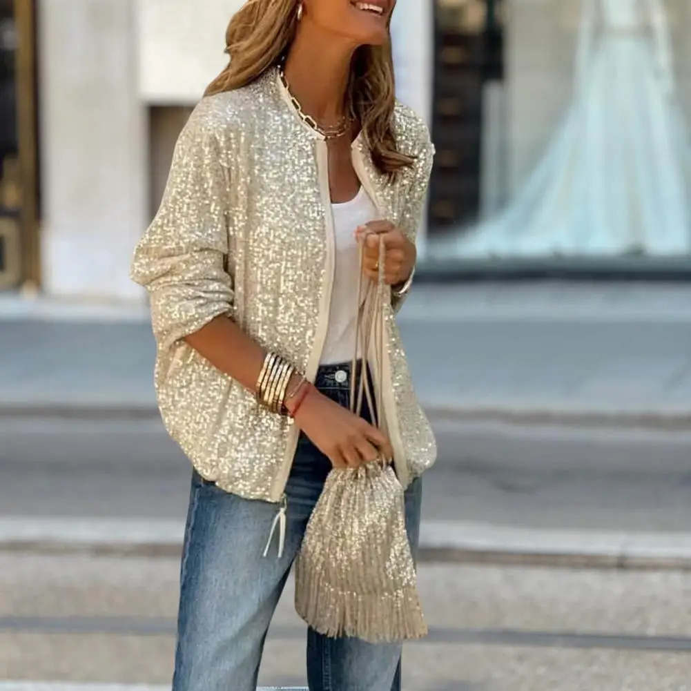 Shining Sequin Nightclub Women Coat O-neck Long Sleeve Zipper Placket Casual Jacket Loose Fit Solid Color Coat Outwear 250113