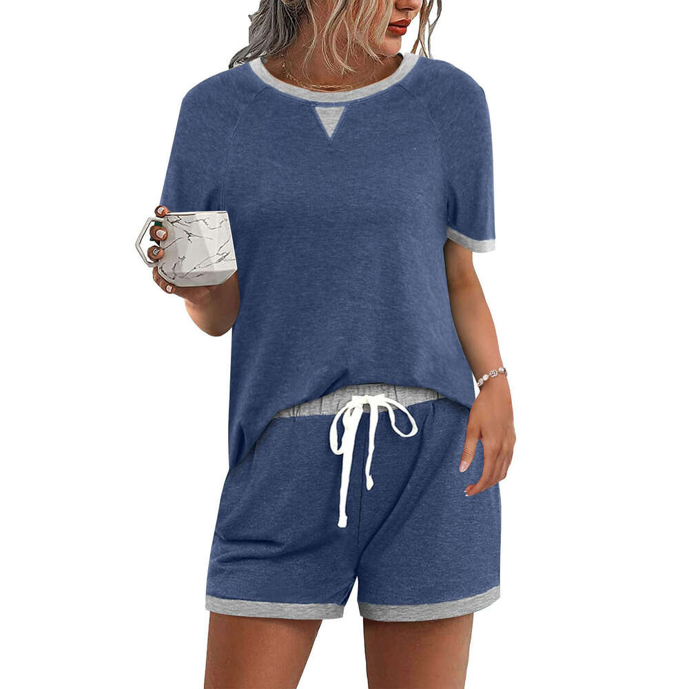 2025 Spring/Summer European and American Women's Comfortable Color blocked T-shirt Top Shorts Two piece Set New Casual Versatile Fashion Clothing
