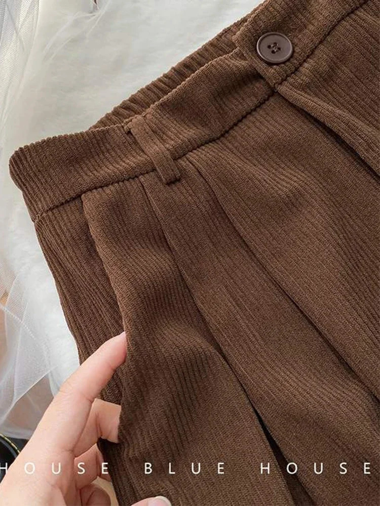Vintage High Waist Corduroy Pant Spring Fall Straight Causal Full Length Trousers Korean Fashion All Match Black Pants 250113
