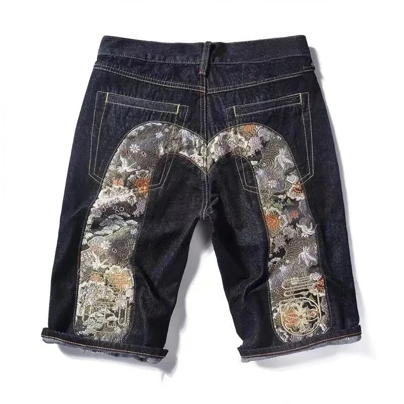 2024 Fukushen Shorts HipHop American High Street Retro Harajuku Style Fashion Loose Printed Denim Straight FiveLeg Pants 250118