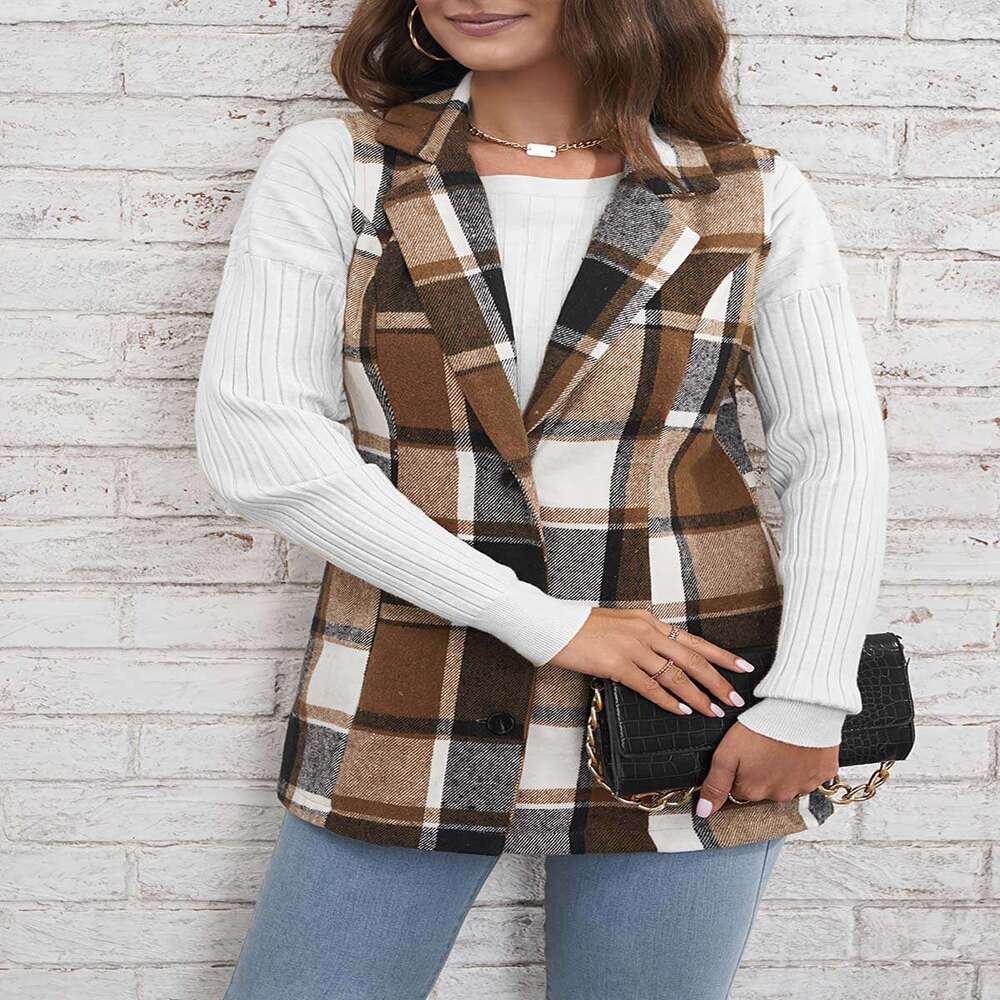 Spring Autumn Winter Top European American Fashion Women's Wear Collar Suit Vest Checkered Coat 2025 New Style Unique and Elegant Clothing