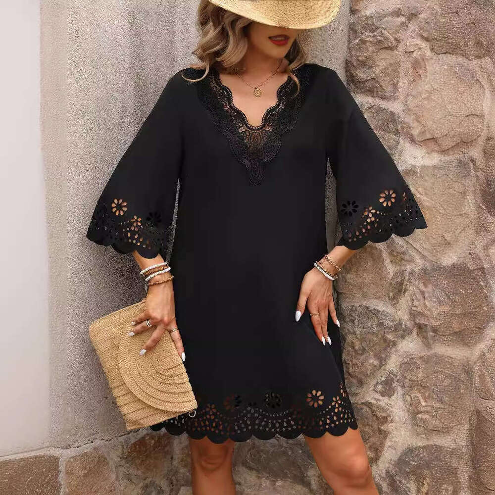 European and American Summer Women's Sexy Lace V-neck Hollow Dress 2025 Versatile New Trendy Clothing Ins
