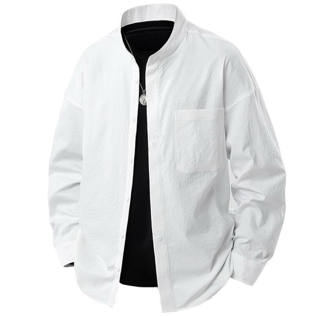 D195 New Stand Collar Shirt Amazon Long Sleeve Cotton Men's Casual Imitation Linen Shirt Men's Trend