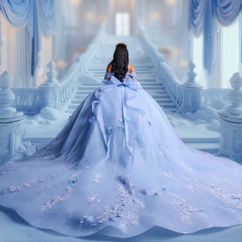 Sky Blue Shiny Quinceanera Dresses Ball Gown Off The Shoulder Applique Flower Beading Tull Party Birthday Sweet 16 Vestidos De 15 Anos