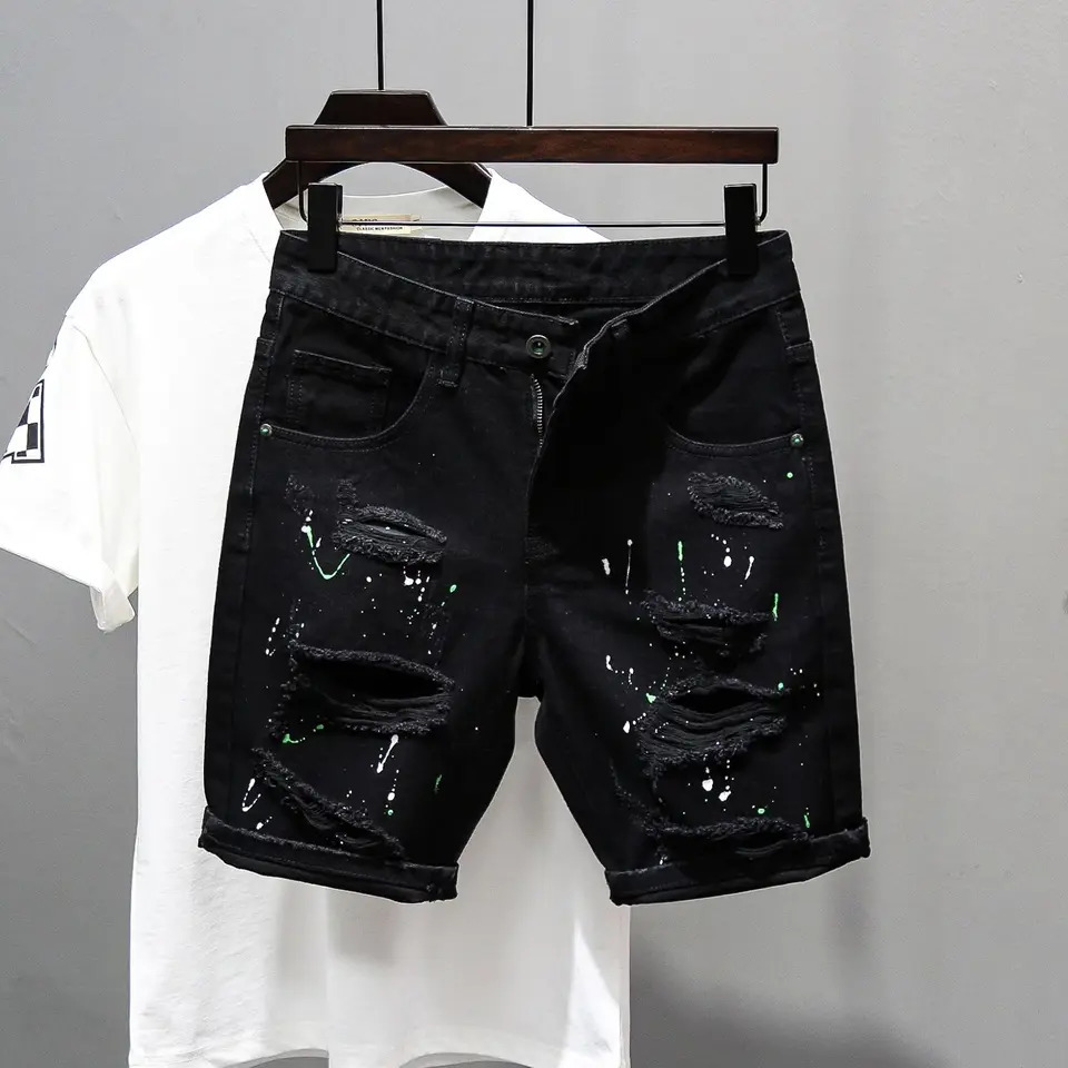 Fashion Summer Casual Denim Jeans Knee Length Shorts for Men Black Cowboy Low Rise Ripped Holes Boyfriend Mens Denim Shorts 250109