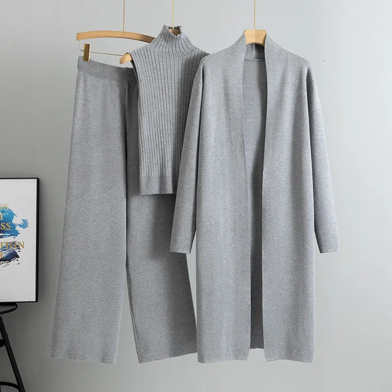 2024 Autumn 3 Piece Women Cardigan Tracksuits Fashion Knitted Pant Set Winter Ladies Solid Sweater Suit Vintage A8 250109