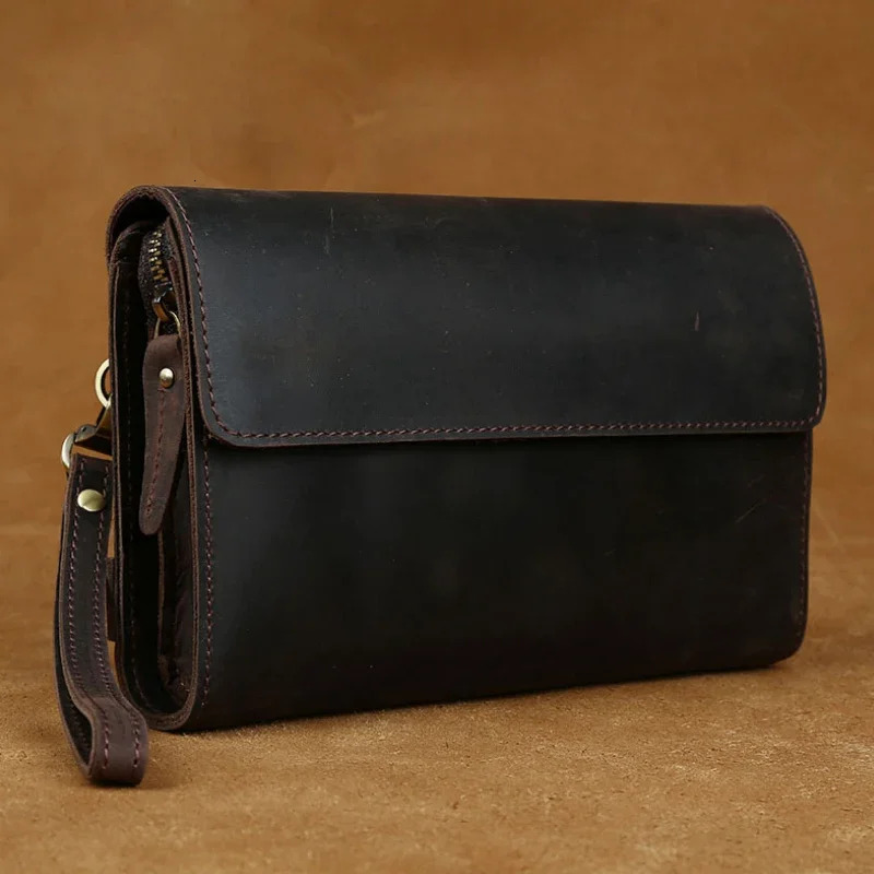 Top Grade Men Genuine Day Clutches For Male Vintage Style Hand Purse Crazy Horse Leather Mens Clutch Big Wallet