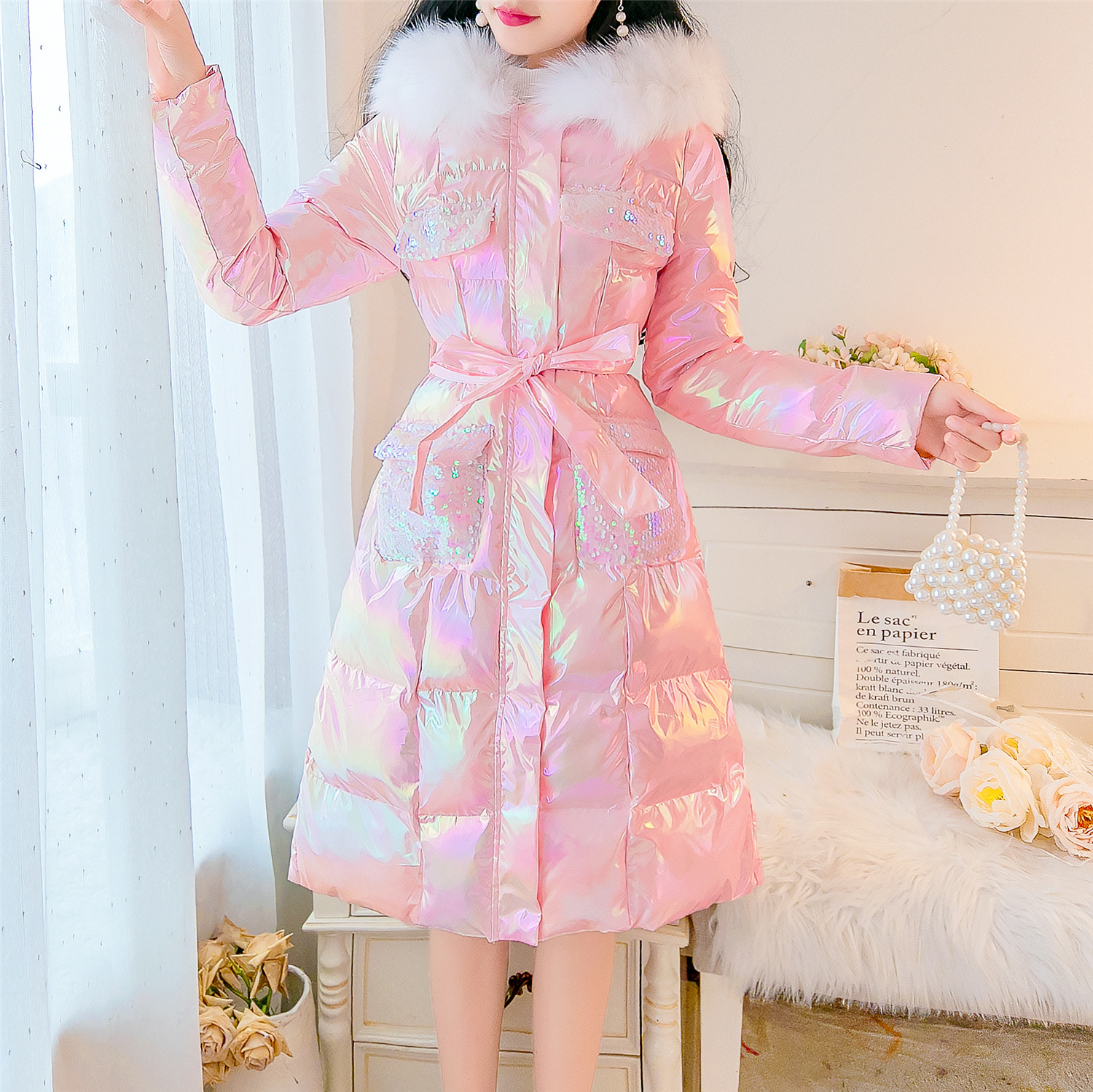 SWEETXUE 2025 Winter Sequined Fur Collar Hooded Women Thick Warm Parkas Female Long Casual Cotton Padded Jackets Parka Outwear