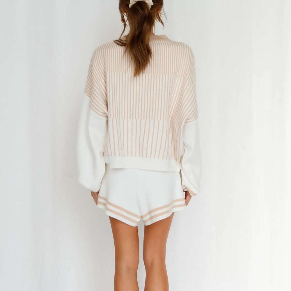 Women's European American 2025 Spring Autumn temperament casual striped sweater knitted shorts set new style chic and elegant clothing