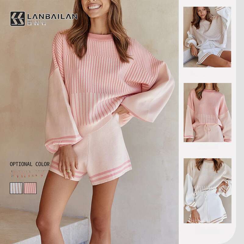 Women's European American 2025 Spring Autumn temperament casual striped sweater knitted shorts set new style chic and elegant clothing