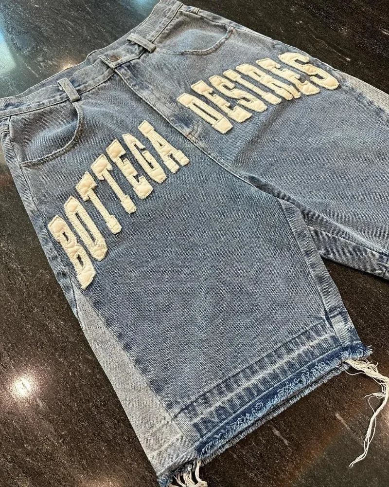 American street Harajuku retro denim shorts with letter embroidery oversized jeans mens Y2K loose casual short socks 250108