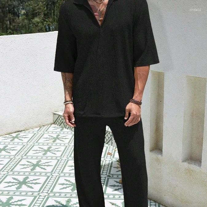 Commuter Men's Tracksuits Set Casual Shirt Short Sleeve Long Pants Two Piece Wear Comfortable Home Clothing