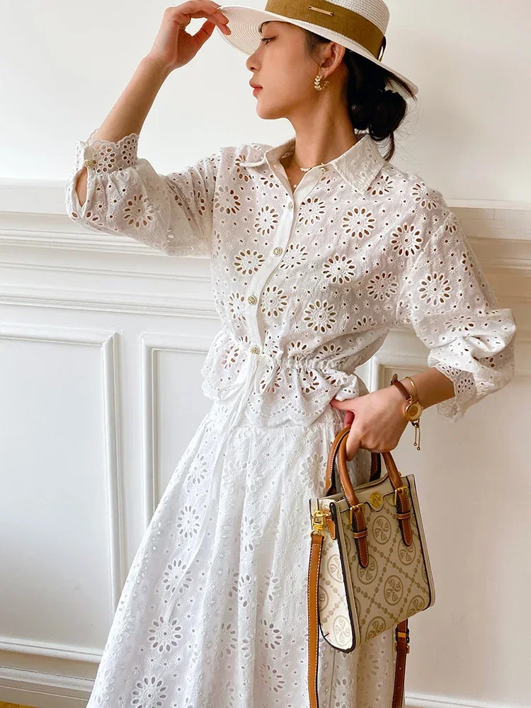 GypsyLady White Elegant Chic Dress Set Cotton Bohemian Shirt Long Skrit Summer Womens Holiday Chic 2-piece Set 250110