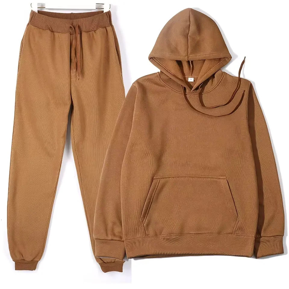 autumn and winter velvet warm hooded sweatpants mens and womens two-piece set solid color loose sports jogging set 250117