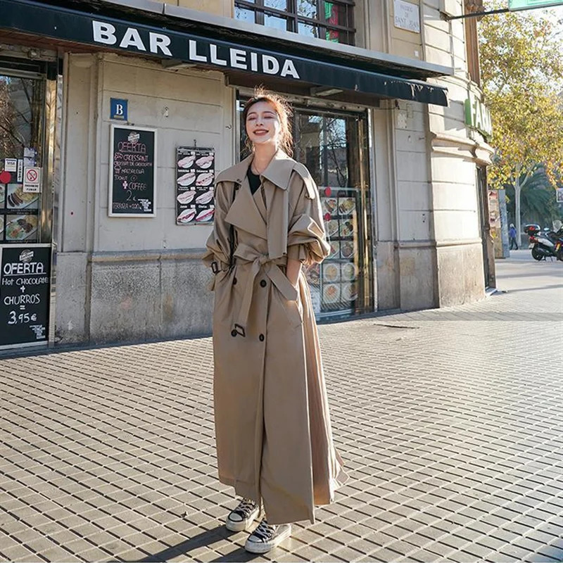 Spring Autumn Extra Long Flowy Oversized Casual Trench Coat for Women Belt Double Breasted Loose Korean Fashion 250118