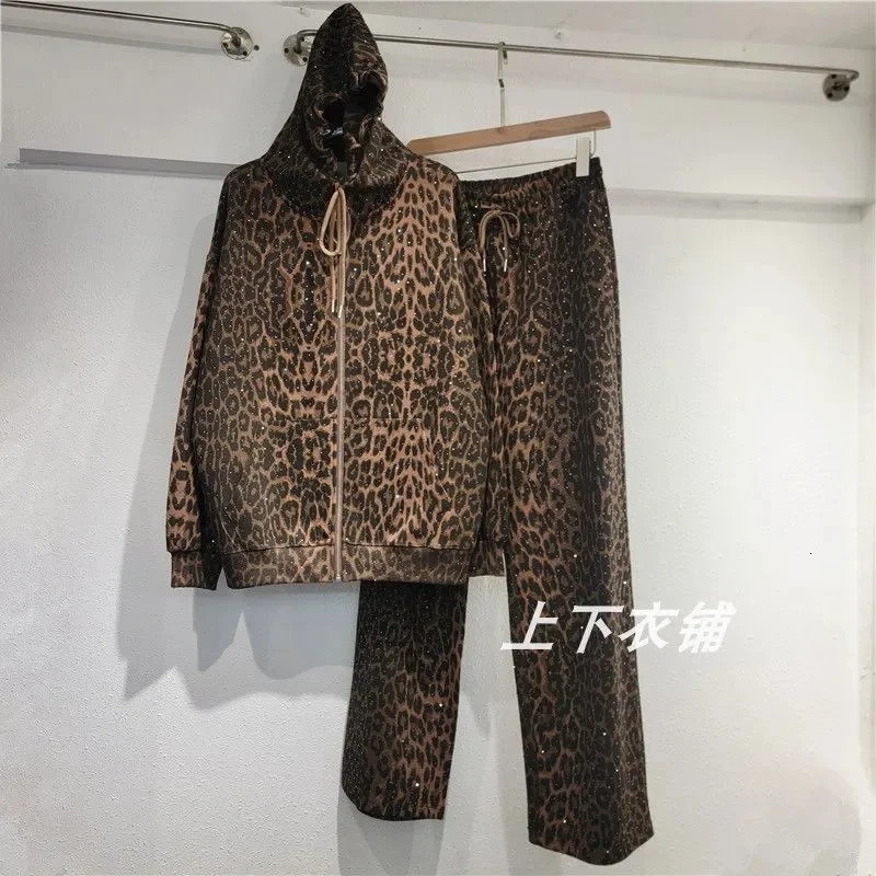 Leopard Print Loose Hooded Coat Leisure Suit Sportswear Women Two Pieces Set Fashion Cardigan Zipper Hoodies Pants Two-Piece 250113