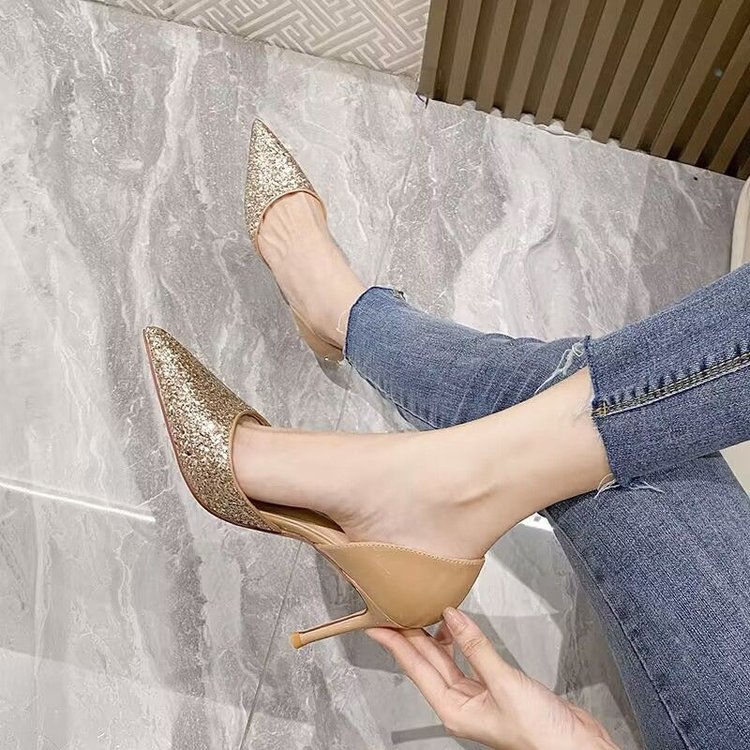 Women Dress Shoes Pointed Toe Shining High Heel Versatile Triple Champagne Free shipping
