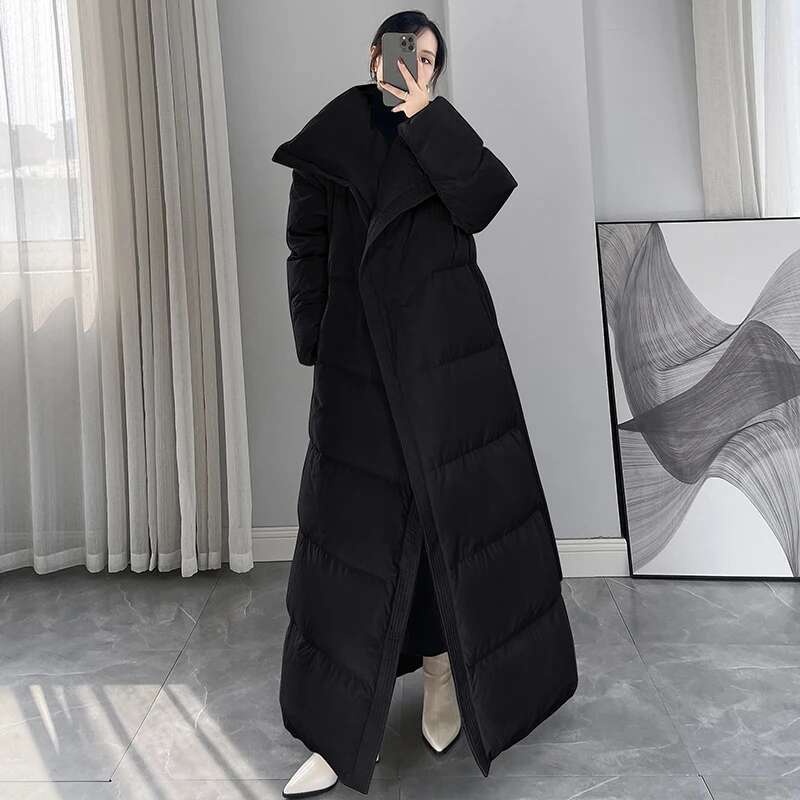 Winter New Fashionable Women Coat Long Large Lapel Slim Fit Lace Up Commuting White Duck Down Jacket