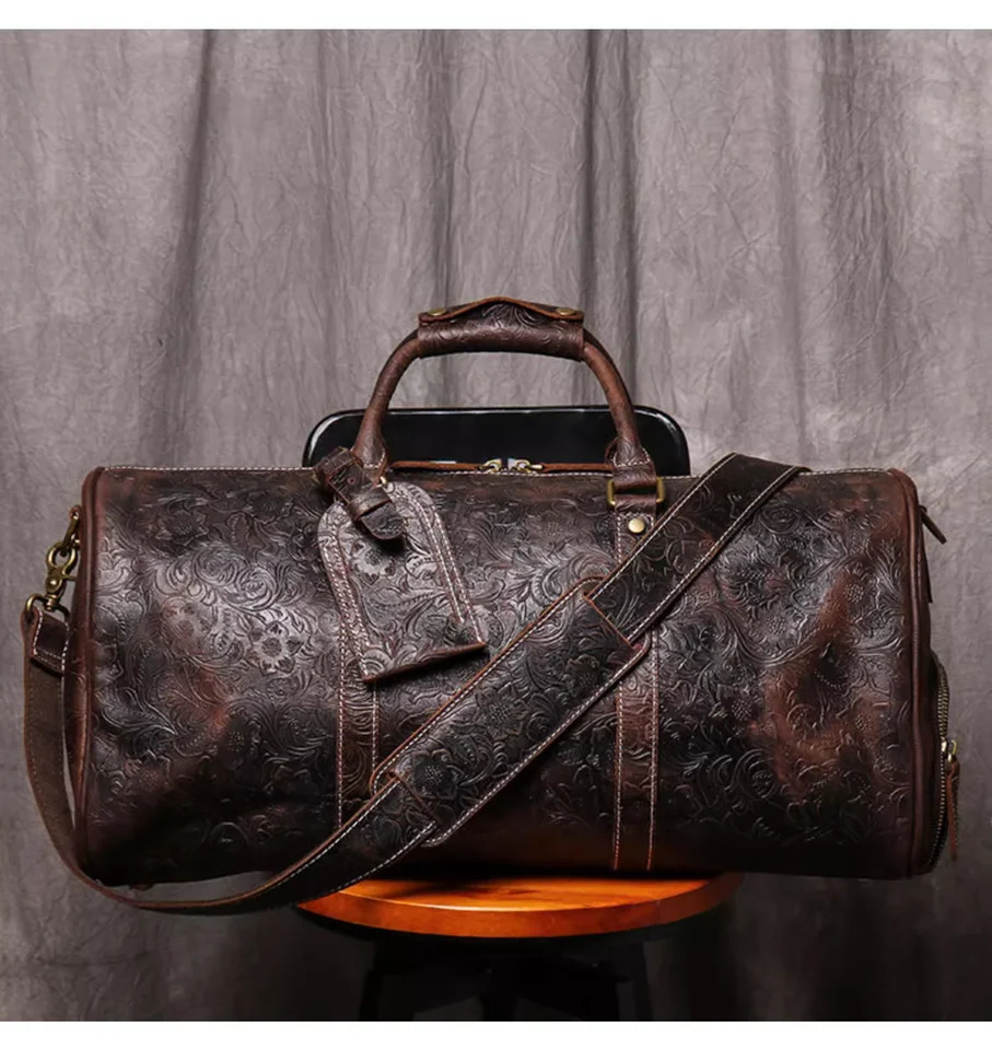 LUOKIR Retro Embossed Leather Handbag Large Capacity Genuine Leather Short term Travel Bag Clothing and Luggage Gym Bag 250109