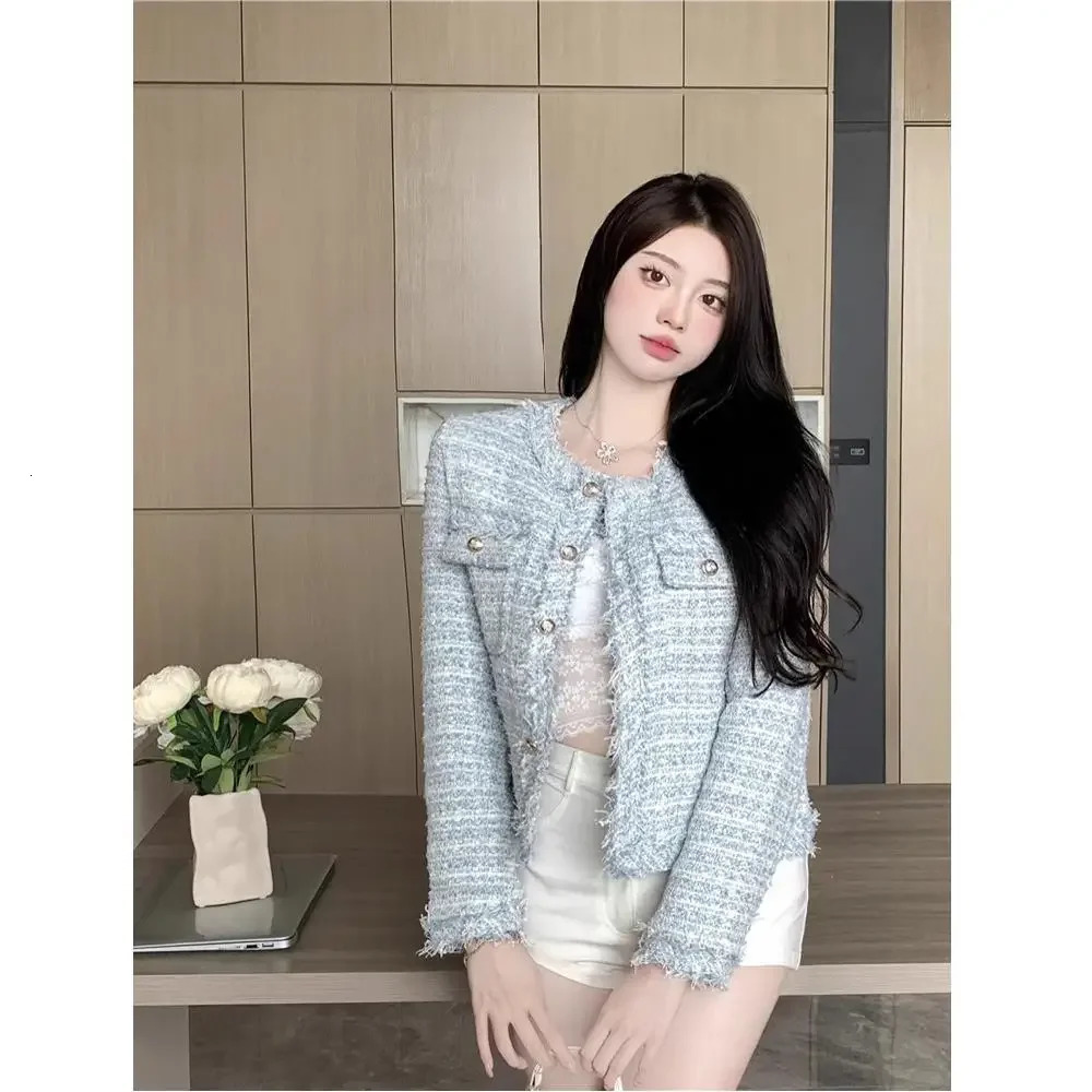 Elegant Slimming Top French Style Socialite Tweed Cropped Jacket Womens Spring Sensibility Long Sleeve Cardigan 250109