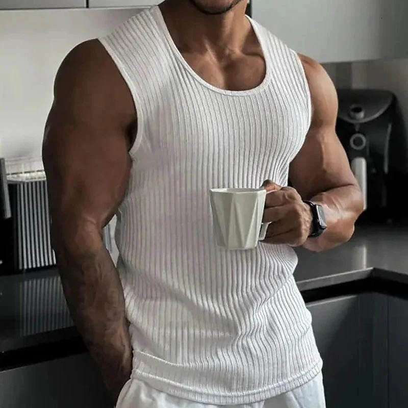 Fashion Slim Knitted Ribbed Tank Tops Men Casual Solid Color O Neck Sleeveless Camisole Summer Fitness Training Mens Vest 250108