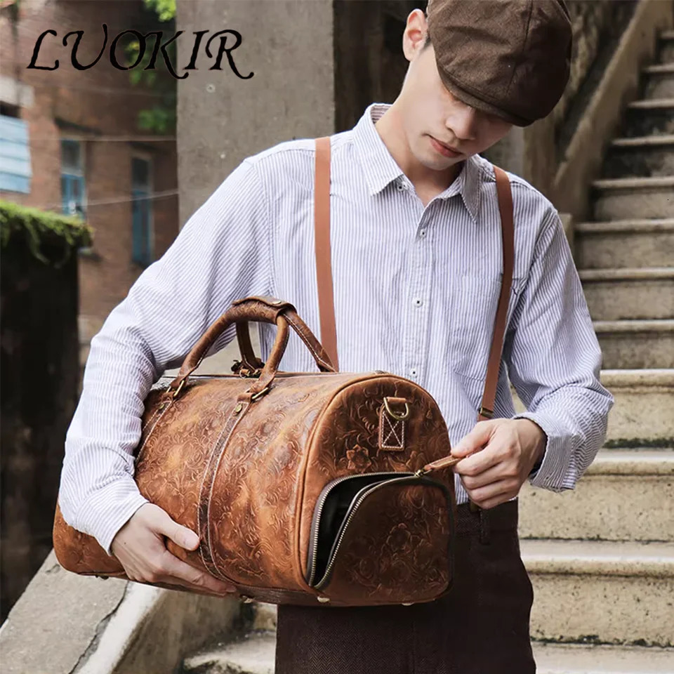 LUOKIR Retro Embossed Leather Handbag Large Capacity Genuine Leather Short term Travel Bag Clothing and Luggage Gym Bag 250109