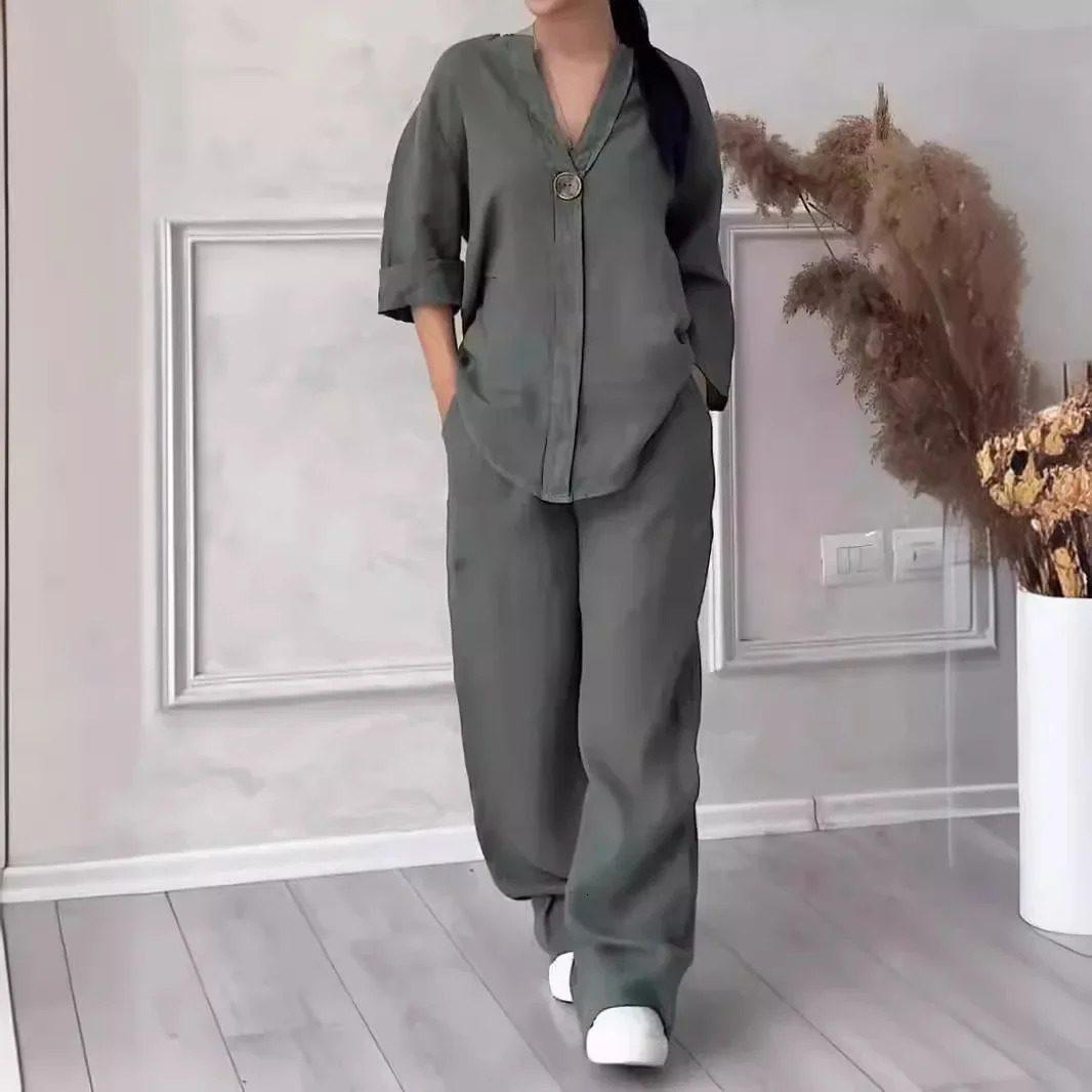 Womens Cotton and Linen Pants Suit Casual Solid Color Pullover 2piece Set White Pink 250109