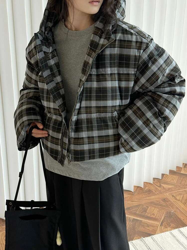 Brown Plaid Big Size Short Warm Hooded Cotton-Padded Coat Long Sleeve Women Parkas Fashion New Autumn Winter 2025 1Dh8406
