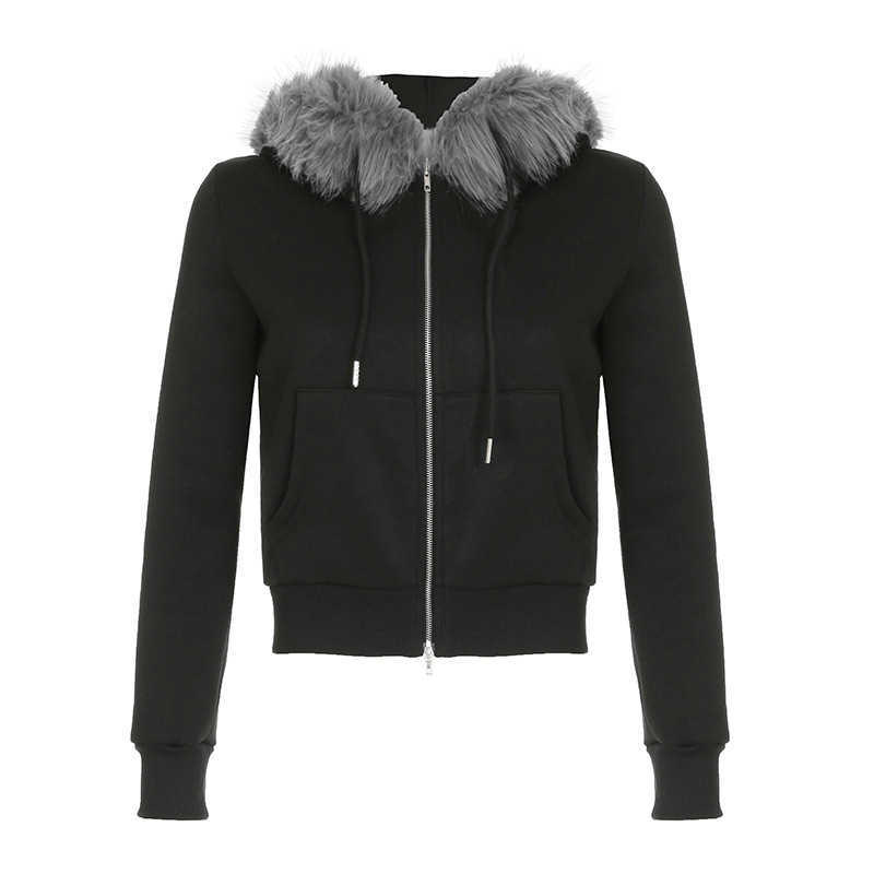 Autumn Winter Womens Fur Patchwork Fashionable Hooded Warm Solid Color Zipper Short Cardigan Jacket Women Jackets Coat Woman Fur 241209