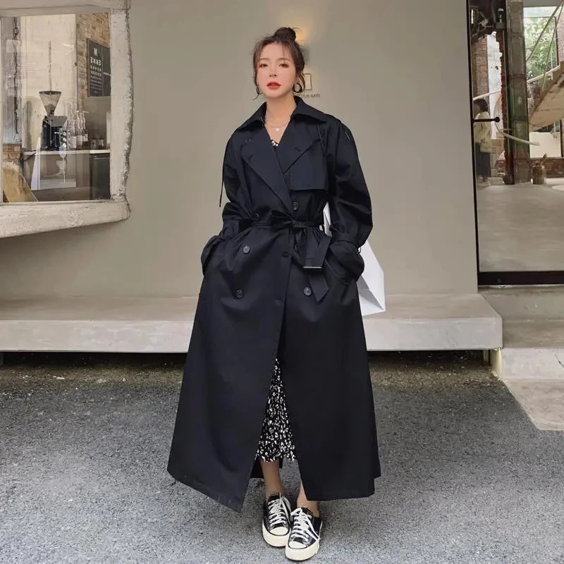 Spring Autumn Extra Long Flowy Oversized Casual Trench Coat for Women Belt Double Breasted Loose Korean Fashion 250118