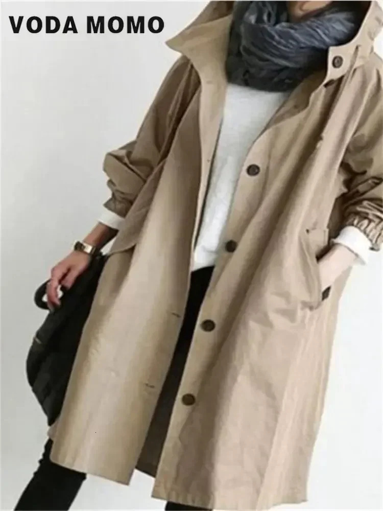 Spring Autumn Casual Korean Fashion Hooded Medium Long Overcoat Loose Windproof Coat Women Trench Coat Solid Color Pocket 250118