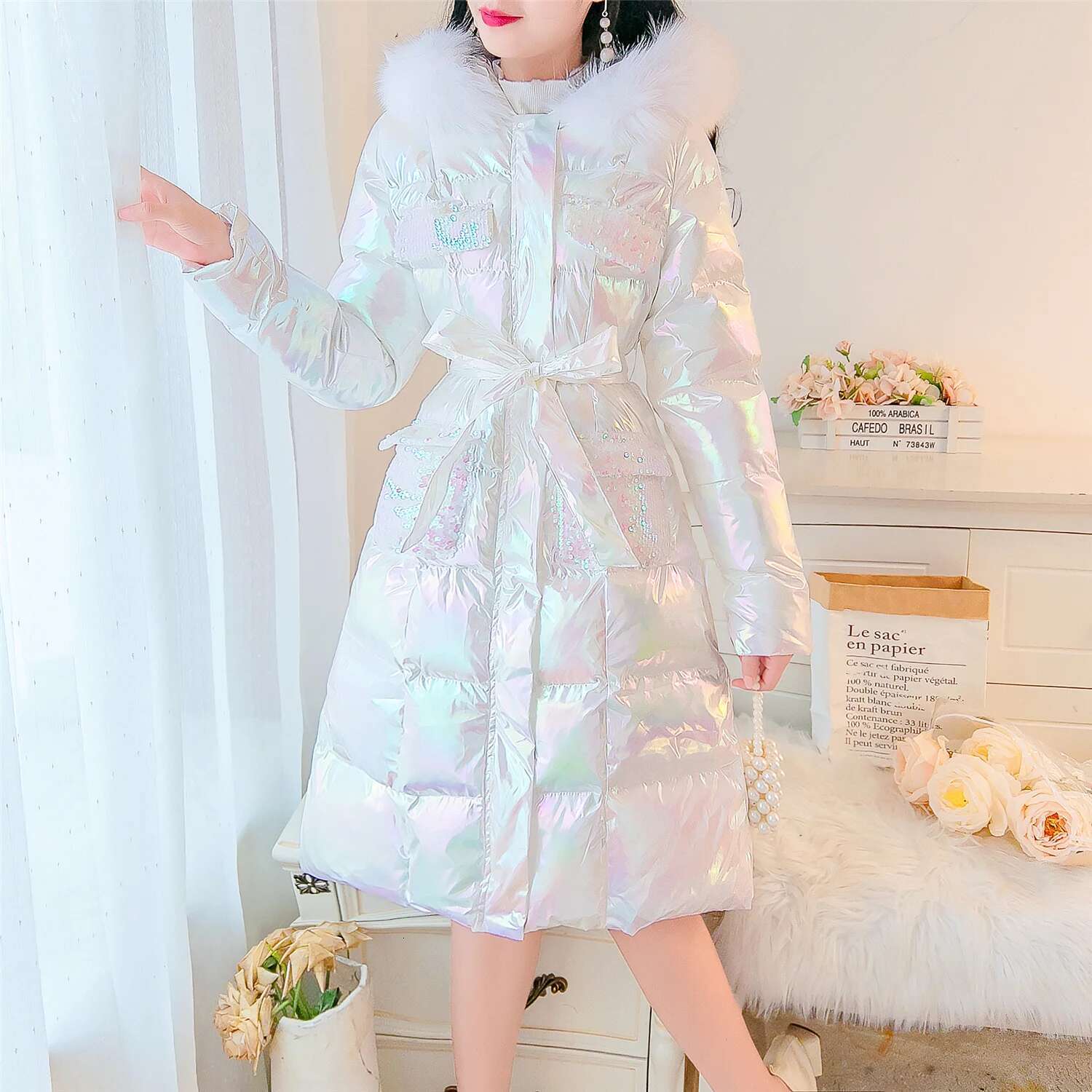 SWEETXUE 2025 Winter Sequined Fur Collar Hooded Women Thick Warm Parkas Female Long Casual Cotton Padded Jackets Parka Outwear