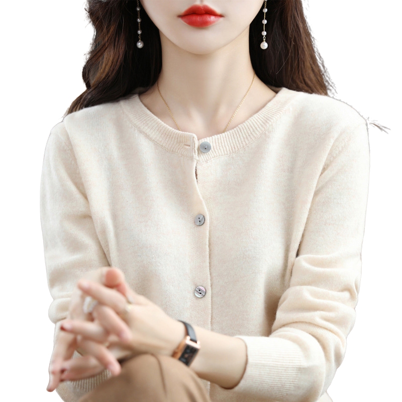 New Knit Cardigan for Early Spring Women's Round-Neck Sweater Long-Sleeve Solid Color Versatile Jacket