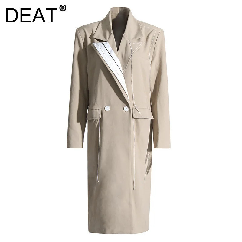 DEAT Fashion Womens Trench Coat Top Contrast Color Double Chest Long Sleeve Windproof Spring Style 20A3504 250118