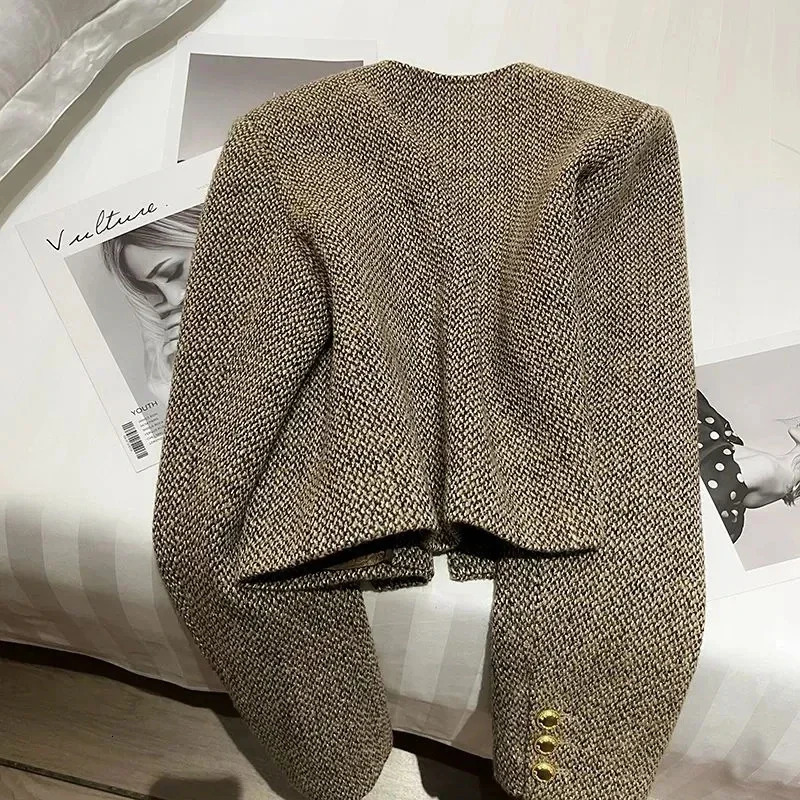 Tweed Coat Autumn Winter Korean Simple jacket O Neck Retro Single Breasted Suit Khaki Outwear Top I185 250109