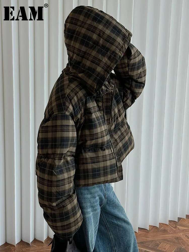 Brown Plaid Big Size Short Warm Hooded Cotton-Padded Coat Long Sleeve Women Parkas Fashion New Autumn Winter 2025 1Dh8406