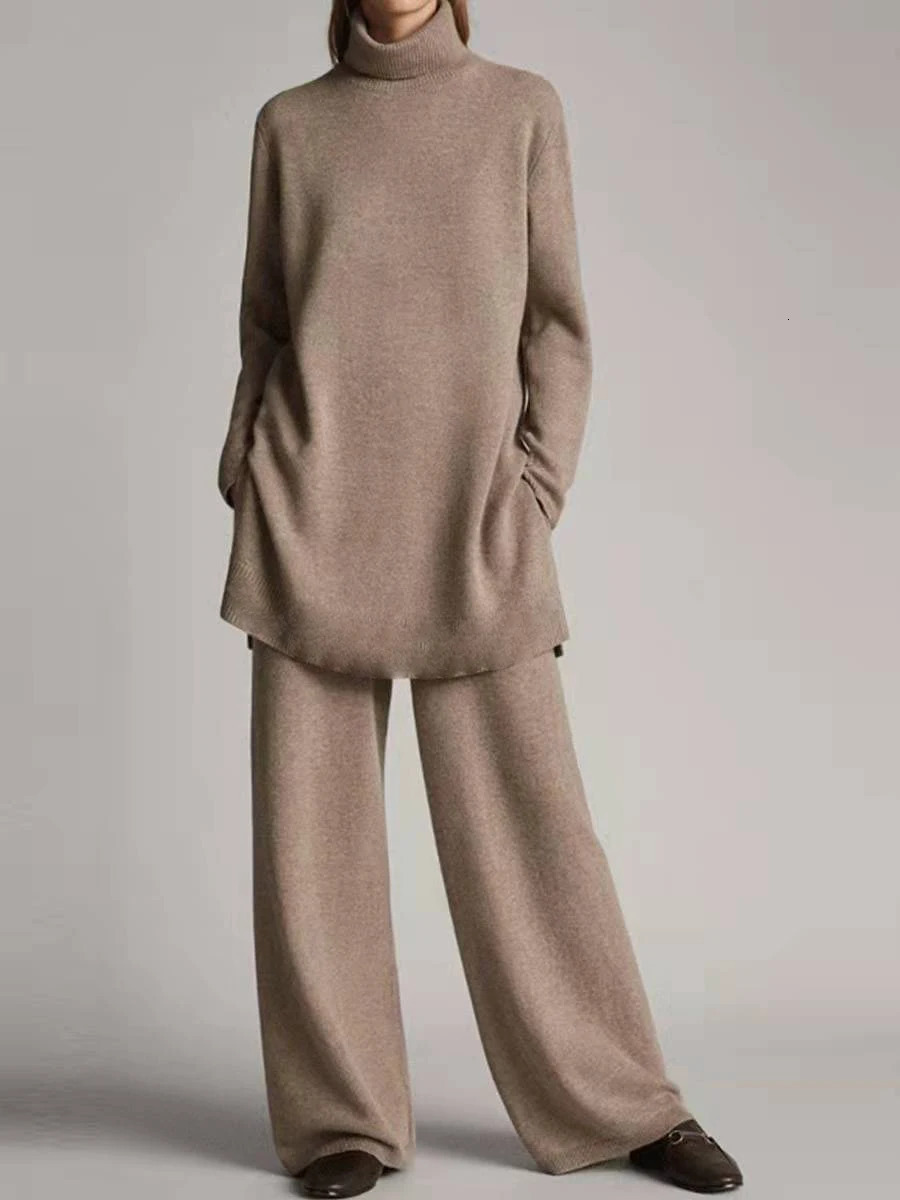 Thin spring Solid Color long Pants Set Loose Turtleneck Pullover Wide Legs Trousers Two Piece Female Casual Suit 250109